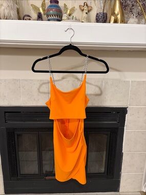 Almost Famous Neon Orange Chain-Strap Draped Mini Dress